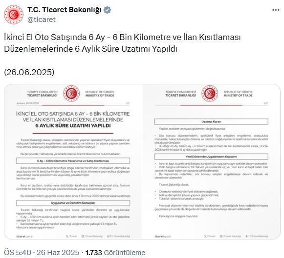 İkinci el araç satışında 6 ay-6 bin kilometre kısıtlaması uzatıldı